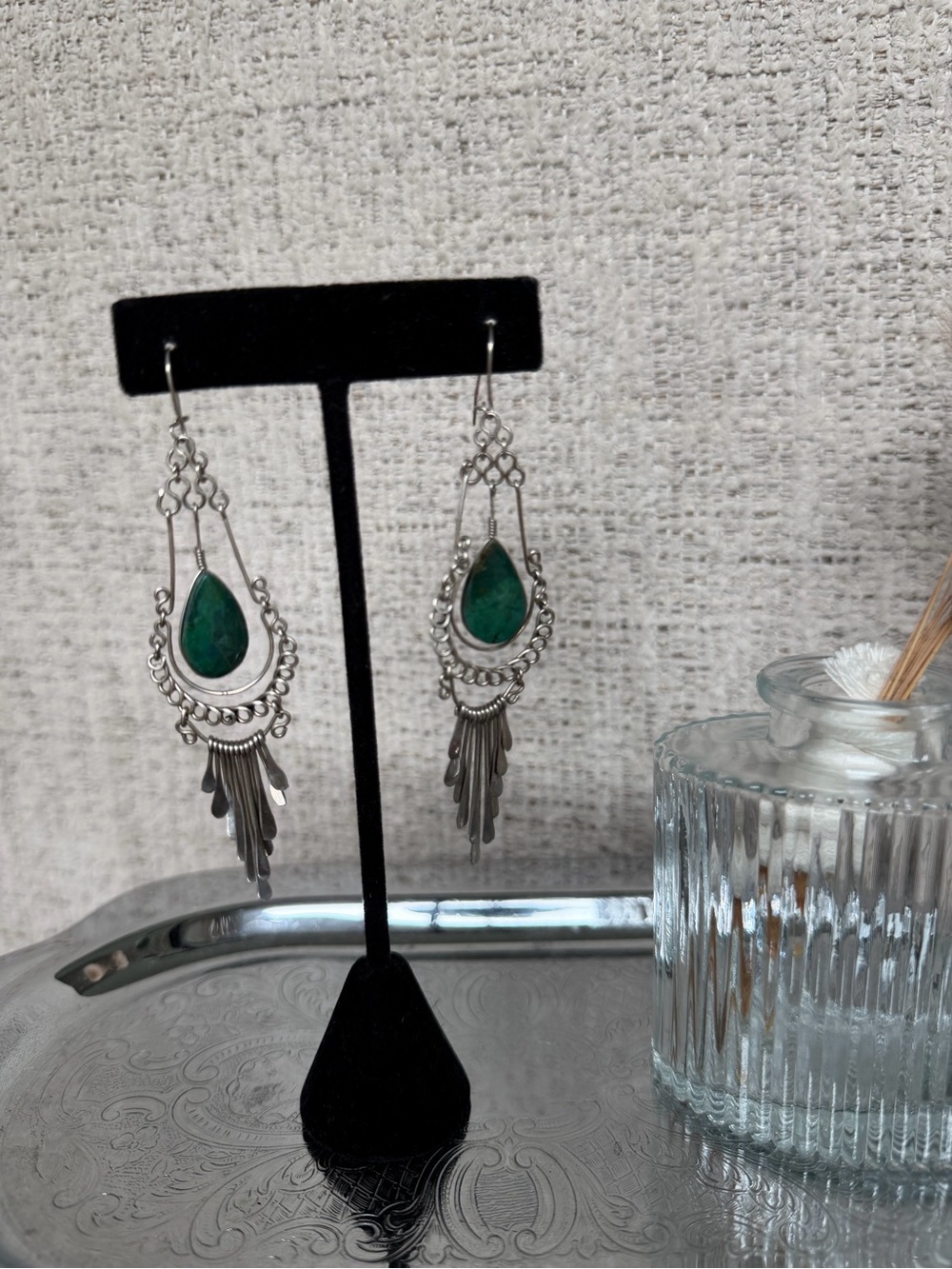 Silver-Tone Teardrop Green Stone Dangle Earrings